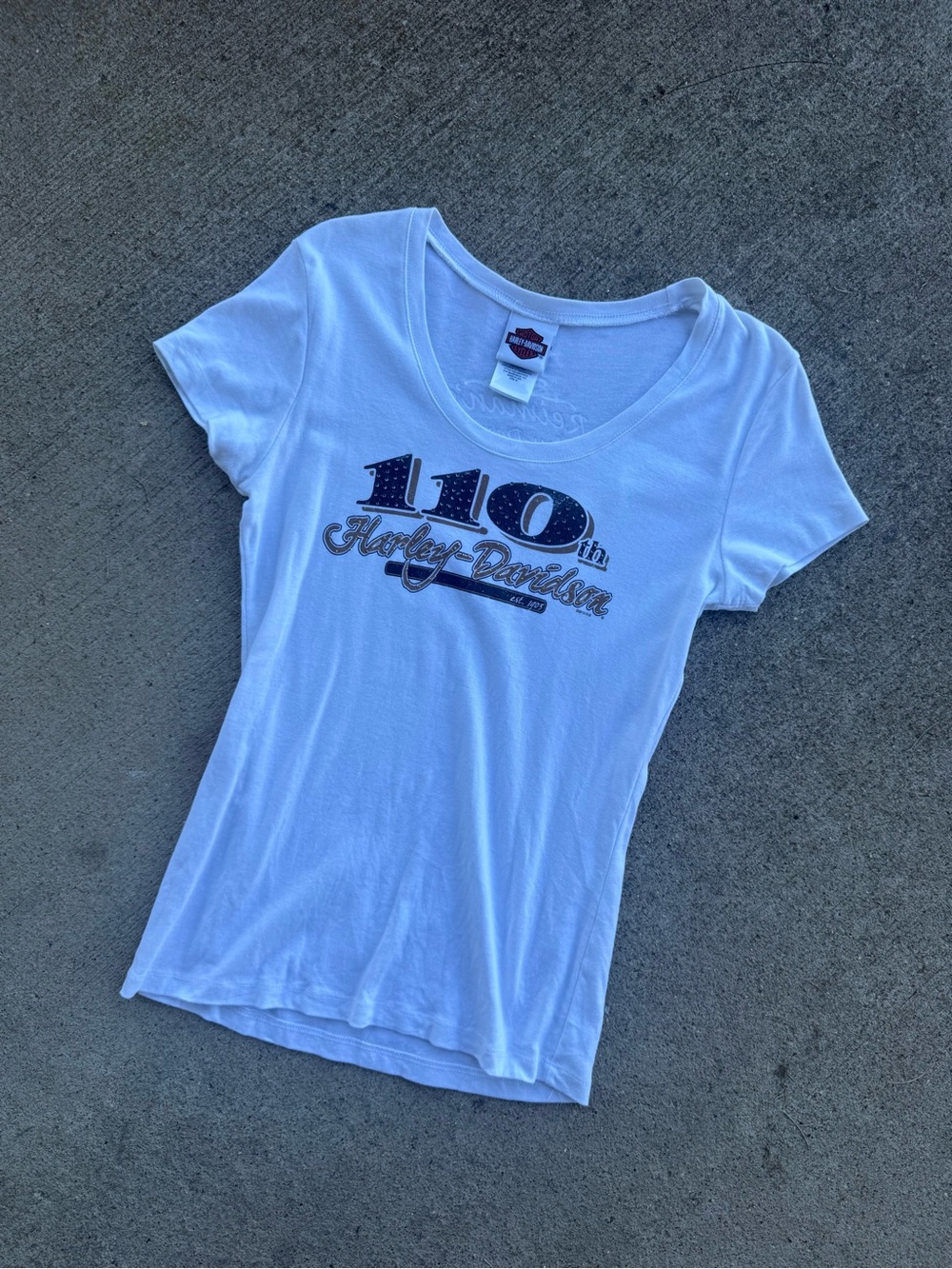 Harley-Davidson White Tee with Black and Gold 110th Graphic